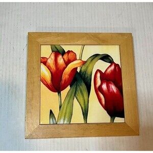 Wood Trim Tile Painted Tulip Yellow Red Trivet Hangable Cottagecore Boho Decor